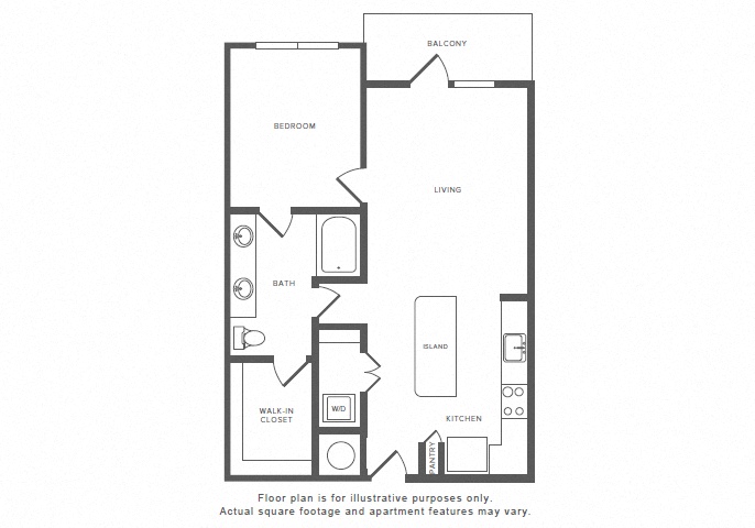 Floor plan for 1 bed, 1 bath, 796 sqft